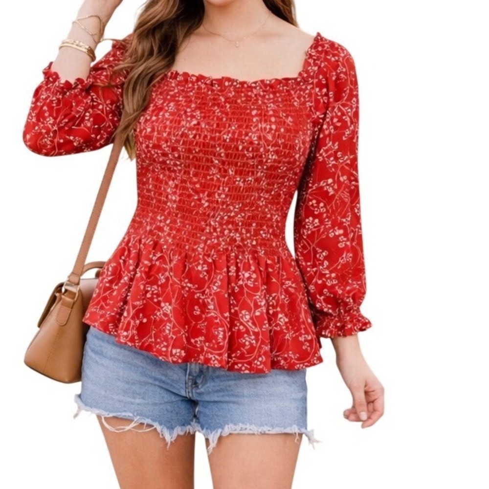 Max Studio Floral Print Ruffle Stretch 3/4 Sleeve Smocked Peplum Blouse Sz S NWT
